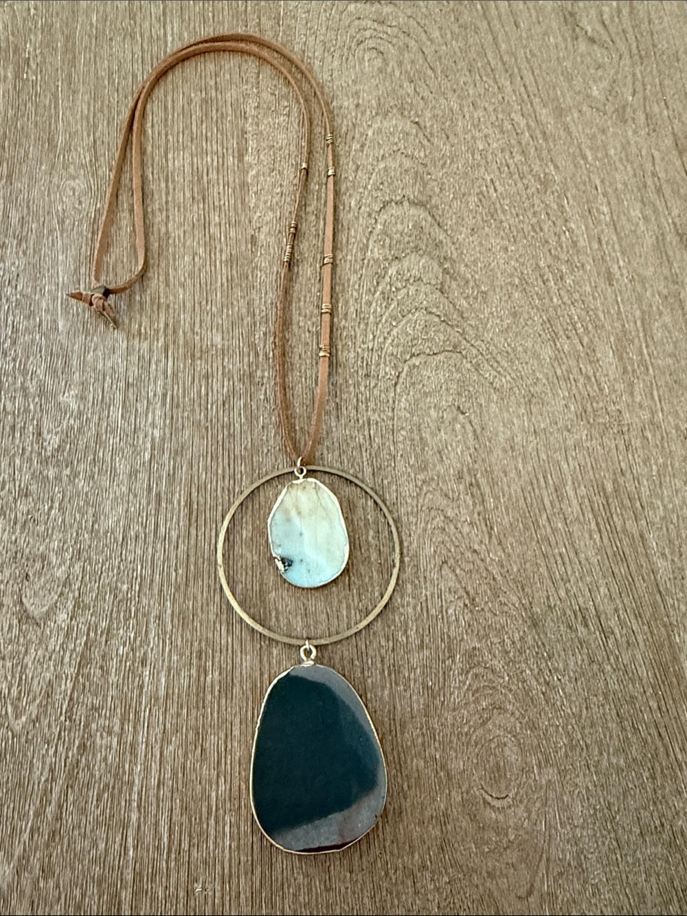 Anthropologie Brown Suede Necklace with Gold Hoop and Black Teardrop